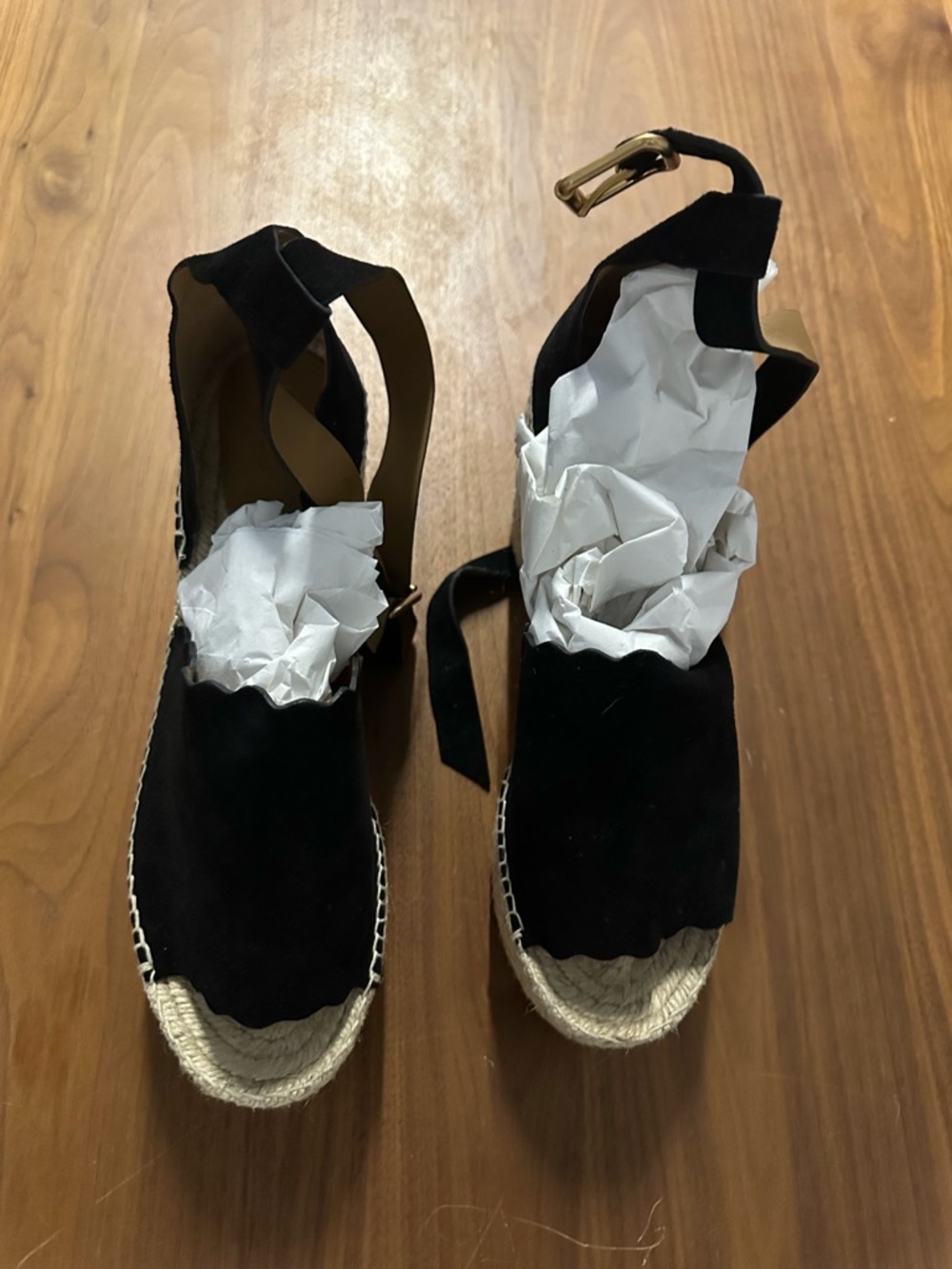 Chloé Black Suede Espadrille Wedge Sandals with Ankle Tie